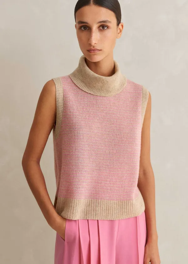 Hot ME+EM Merino Cashmere Silk Lace Stitch Vest + Snood Oatmeal M Lange/Perfect Pink