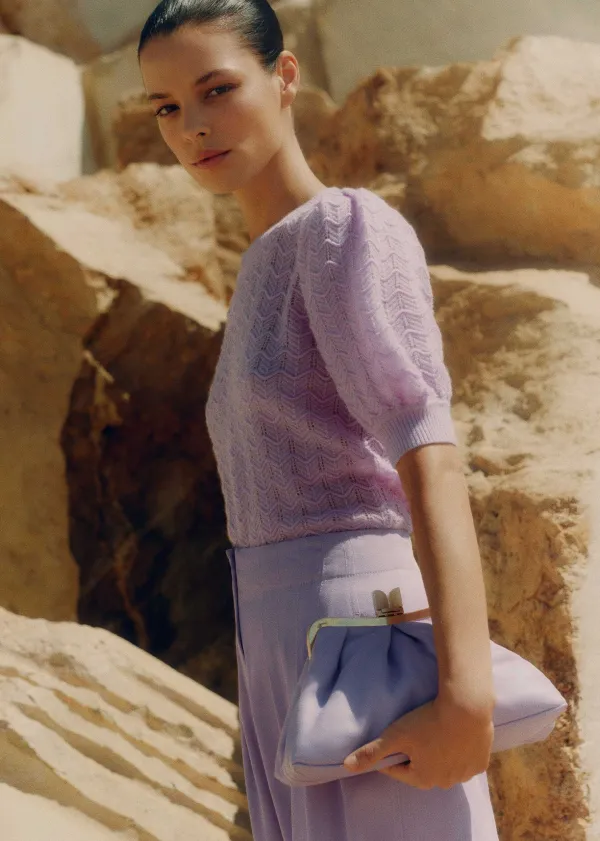 Clearance ME+EM Merino Cashmere Silk Lace Stitch Tee Lupin Lilac