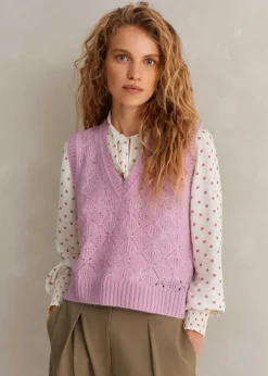 Hot ME+EM Merino Cashmere Silk Lace Stitch V-Neck Vest Blossom Pink