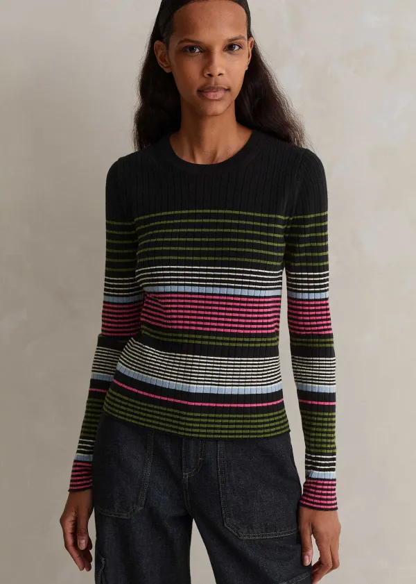 Discount ME+EM Merino Stretch Slim Rib Stripe Jumper Navy Multi