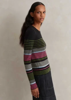 Discount ME+EM Merino Stretch Slim Rib Stripe Jumper Navy Multi