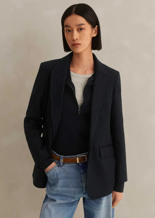 Hot ME+EM Pinstripe Bracelet Sleeve Boyfriend Blazer Navy/Charcoal