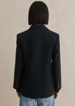 Hot ME+EM Pinstripe Bracelet Sleeve Boyfriend Blazer Navy/Charcoal