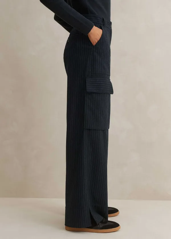 Clearance ME+EM Pinstripe Relaxed Straight Cargo Trouser Navy/Charcoal