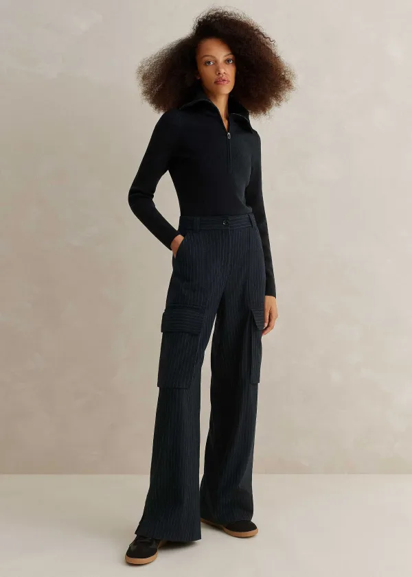 Clearance ME+EM Pinstripe Relaxed Straight Cargo Trouser Navy/Charcoal