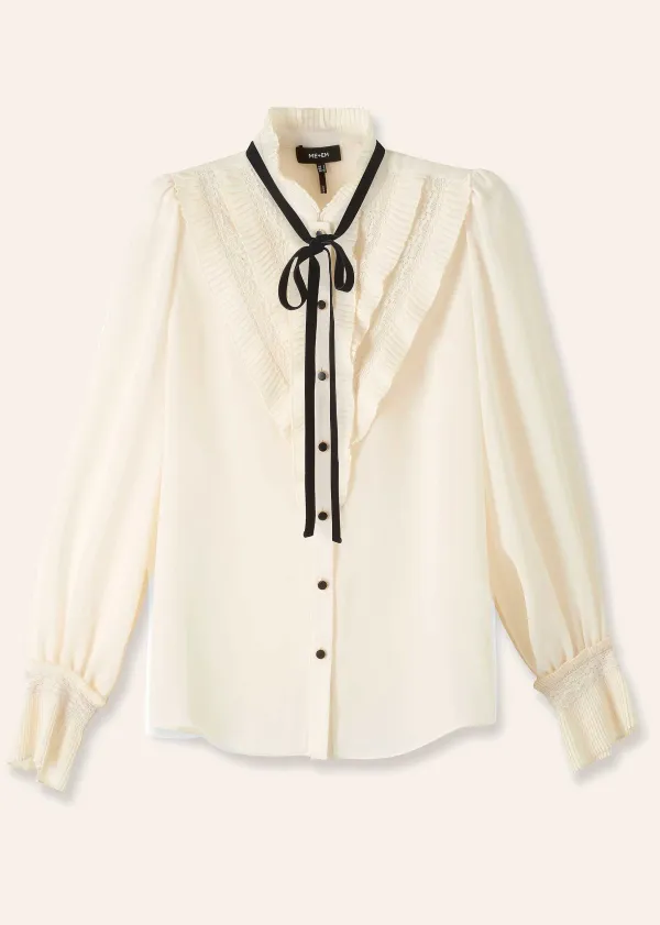 Sale ME+EM Pleat Blouse + Removable Velvet Tie Cream/Black