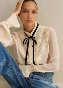 Sale ME+EM Pleat Blouse + Removable Velvet Tie Cream/Black