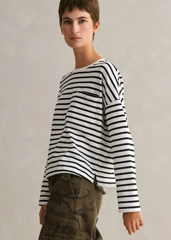 Best ME+EM Pocket Detail Boxy Long Sleeve Stripe Top Black/Soft White