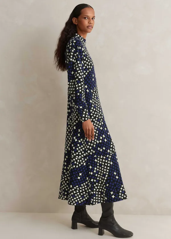 ME+EM Printed Ponte Balloon Sleeve Maxi Dress Ultramarine/Black
