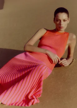 Hot ME+EM Racer Crew Neck Rib Maxi Dress Orange Zing/Ultra Pink
