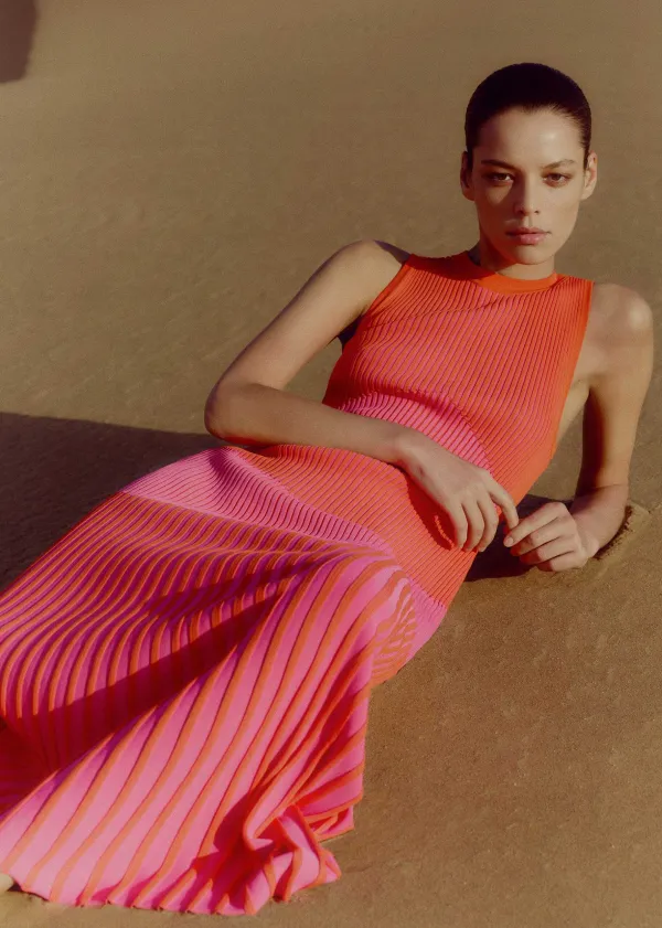 Hot ME+EM Racer Crew Neck Rib Maxi Dress Orange Zing/Ultra Pink