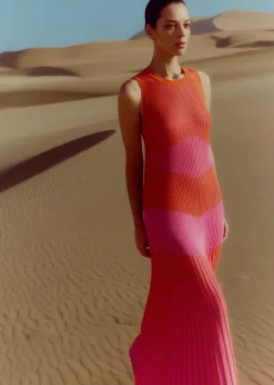 Hot ME+EM Racer Crew Neck Rib Maxi Dress Orange Zing/Ultra Pink