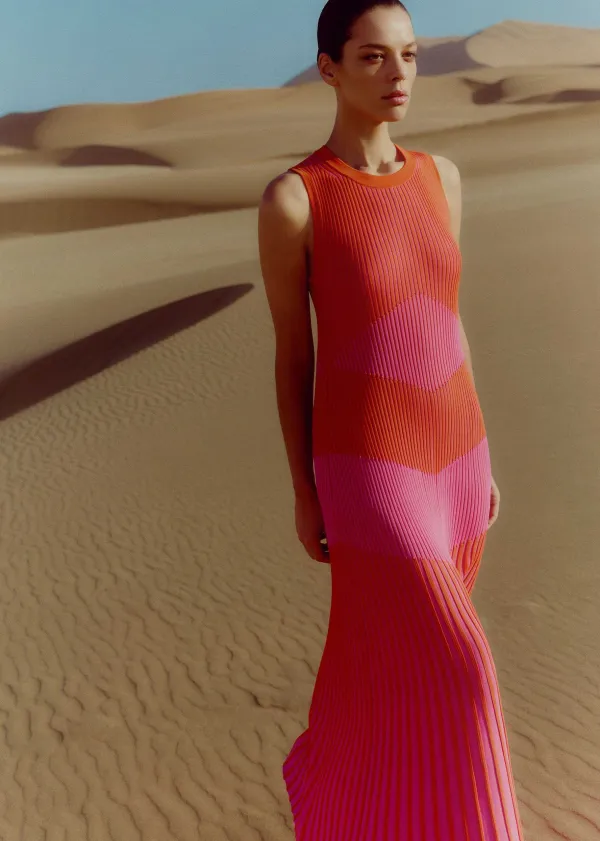 Hot ME+EM Racer Crew Neck Rib Maxi Dress Orange Zing/Ultra Pink