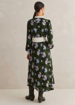 ME+EM Rose Print Panelled Midi Dress Green/Light/Cream/Ink/Blue
