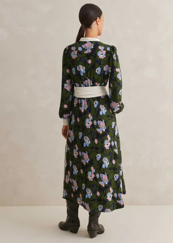 ME+EM Rose Print Panelled Midi Dress Green/Light/Cream/Ink/Blue