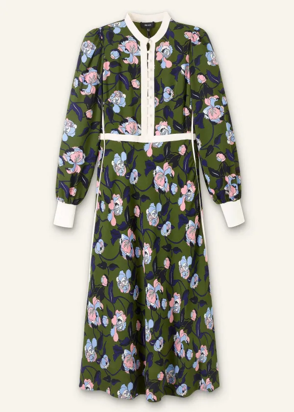 ME+EM Rose Print Panelled Midi Dress Green/Light/Cream/Ink/Blue