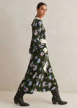 ME+EM Rose Print Panelled Midi Dress Green/Light/Cream/Ink/Blue