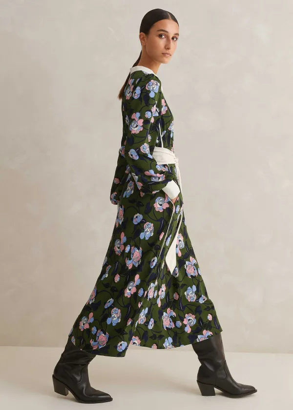 ME+EM Rose Print Panelled Midi Dress Green/Light/Cream/Ink/Blue