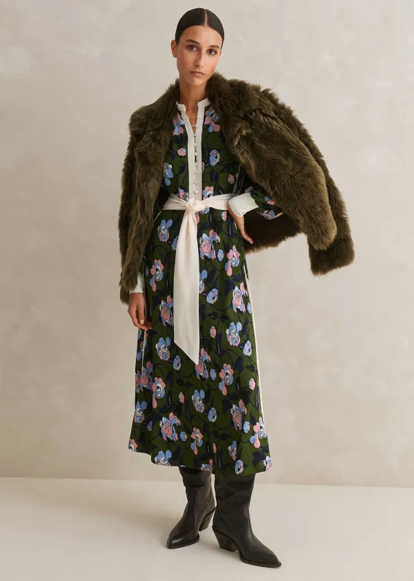 ME+EM Rose Print Panelled Midi Dress Green/Light/Cream/Ink/Blue