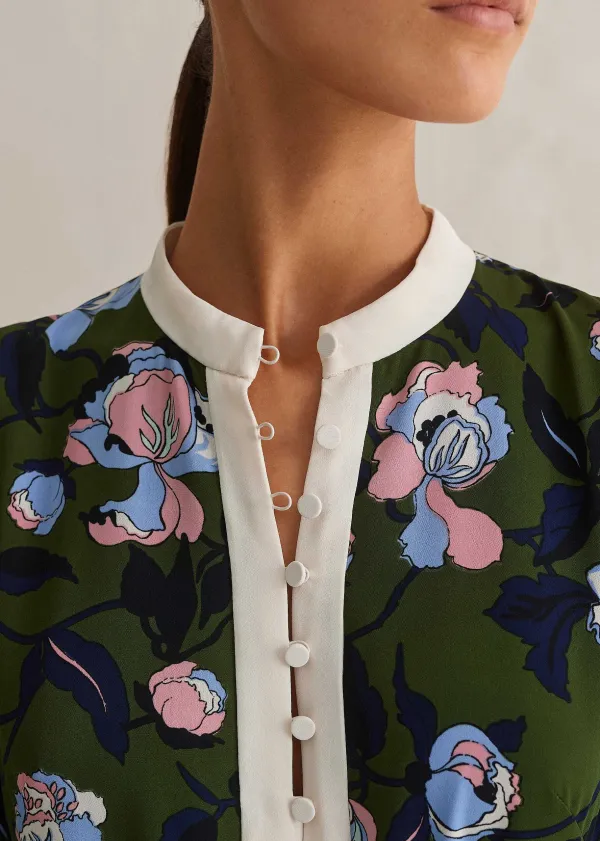 ME+EM Rose Print Panelled Midi Dress Green/Light/Cream/Ink/Blue