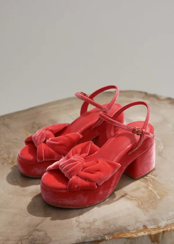 ME+EM Ruched Velvet Knot Platform Hot Coral