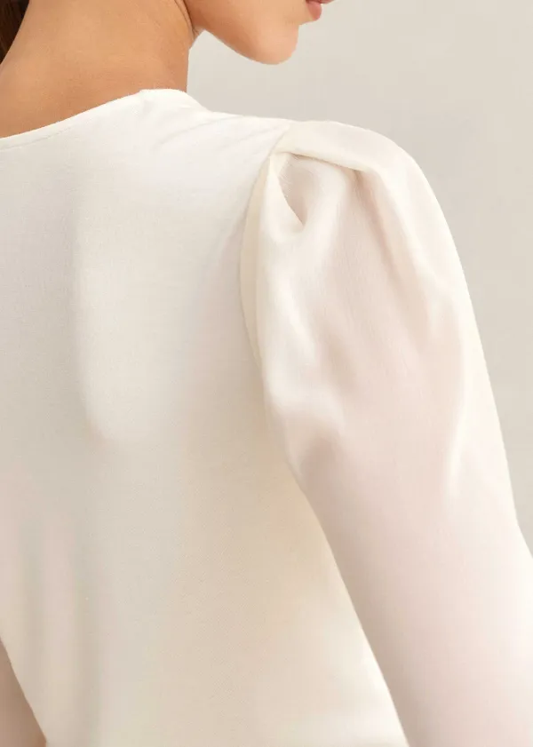 Hot ME+EM Sheer Sleeve Crew Neck Layering Top Cream