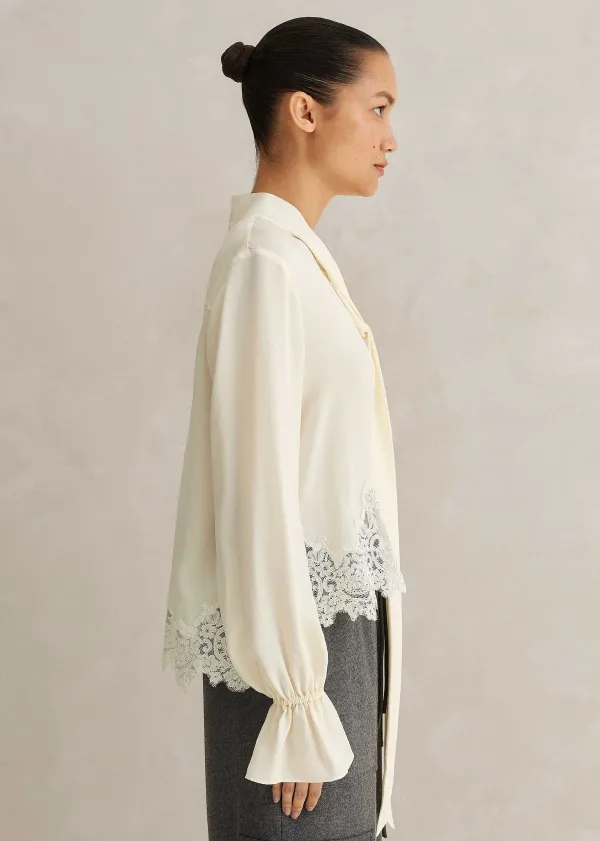 Clearance ME+EM Silk + Lace Cropped Pussybow Blouse Light Cream