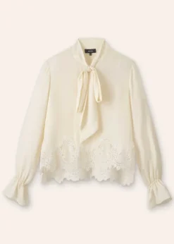 Clearance ME+EM Silk + Lace Cropped Pussybow Blouse Light Cream