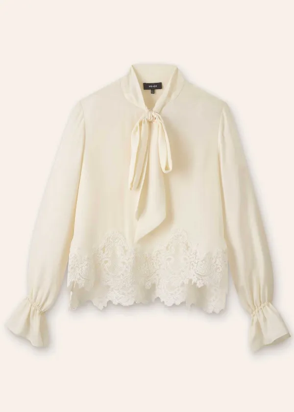Clearance ME+EM Silk + Lace Cropped Pussybow Blouse Light Cream