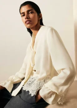 Clearance ME+EM Silk + Lace Cropped Pussybow Blouse Light Cream