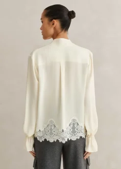 Clearance ME+EM Silk + Lace Cropped Pussybow Blouse Light Cream