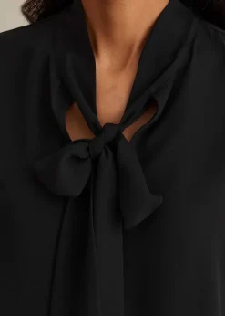 Clearance ME+EM Silk + Lace Cropped Pussybow Blouse Black