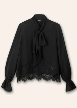 Clearance ME+EM Silk + Lace Cropped Pussybow Blouse Black