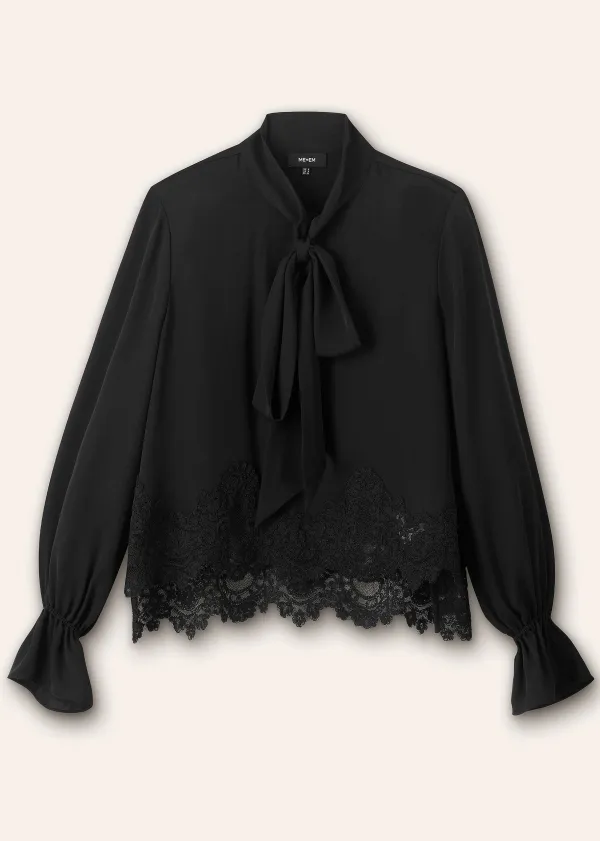 Clearance ME+EM Silk + Lace Cropped Pussybow Blouse Black
