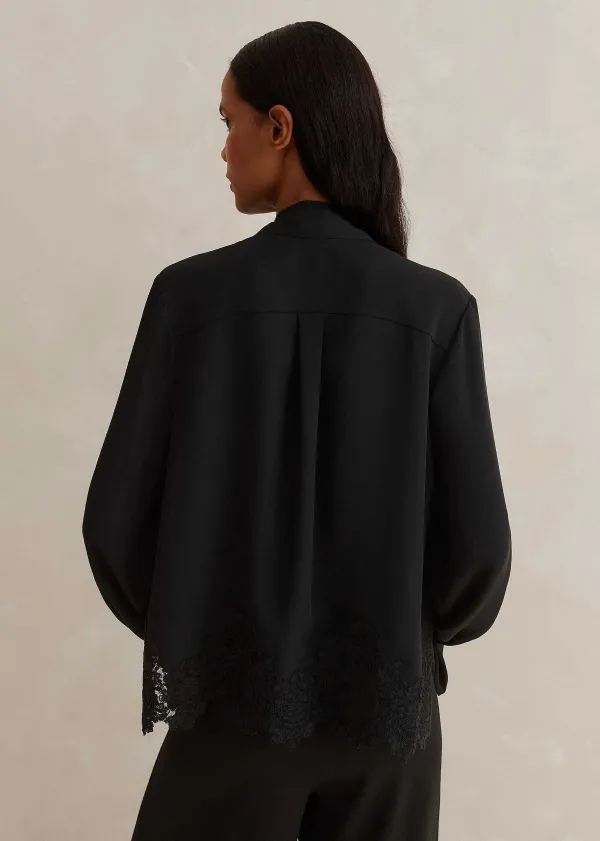 Clearance ME+EM Silk + Lace Cropped Pussybow Blouse Black