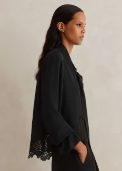 Clearance ME+EM Silk + Lace Cropped Pussybow Blouse Black