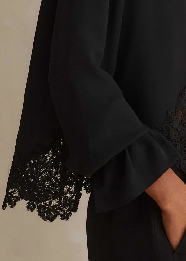 Clearance ME+EM Silk + Lace Cropped Pussybow Blouse Black