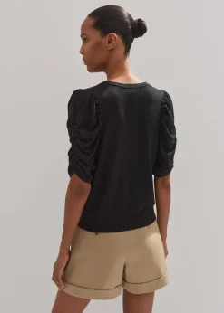Hot ME+EM Silk Button-Through Pouf Sleeve Knit Top Black