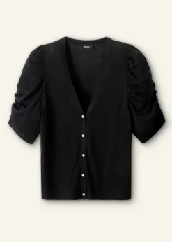 Hot ME+EM Silk Button-Through Pouf Sleeve Knit Top Black