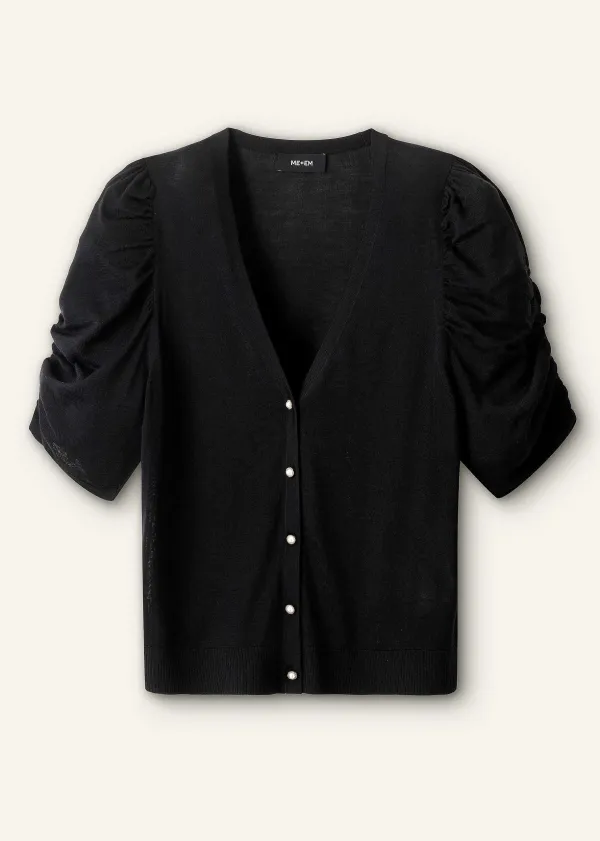 Hot ME+EM Silk Button-Through Pouf Sleeve Knit Top Black