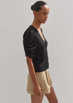 Hot ME+EM Silk Button-Through Pouf Sleeve Knit Top Black