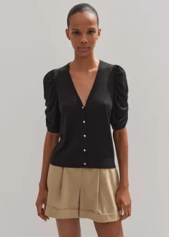 Hot ME+EM Silk Button-Through Pouf Sleeve Knit Top Black
