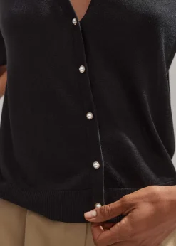Hot ME+EM Silk Button-Through Pouf Sleeve Knit Top Black
