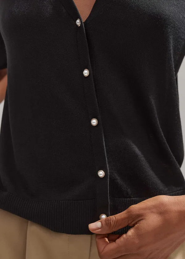 Hot ME+EM Silk Button-Through Pouf Sleeve Knit Top Black