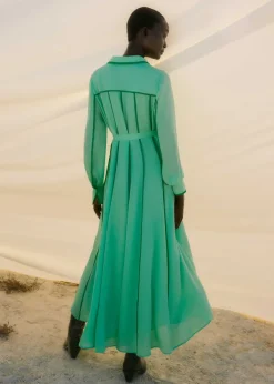 Hot ME+EM Silk Contrast Binding Maxi Shirt Dress + Belt Hot Mint/Spring Green