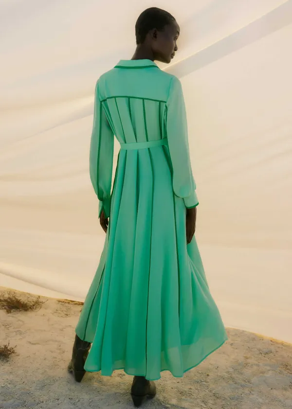 Hot ME+EM Silk Contrast Binding Maxi Shirt Dress + Belt Hot Mint/Spring Green