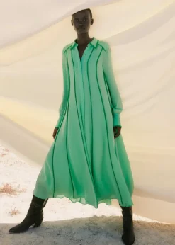 Hot ME+EM Silk Contrast Binding Maxi Shirt Dress + Belt Hot Mint/Spring Green