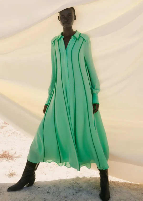 Hot ME+EM Silk Contrast Binding Maxi Shirt Dress + Belt Hot Mint/Spring Green