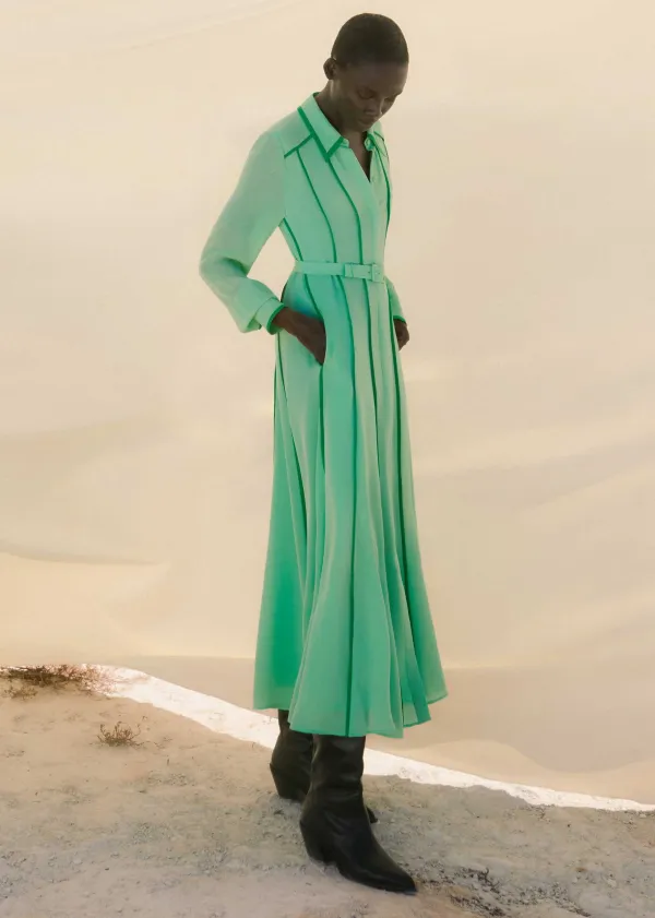 Hot ME+EM Silk Contrast Binding Maxi Shirt Dress + Belt Hot Mint/Spring Green