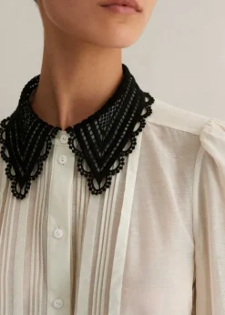 Clearance ME+EM Silk Cotton Embroidered Collar Blouse Cream/Black